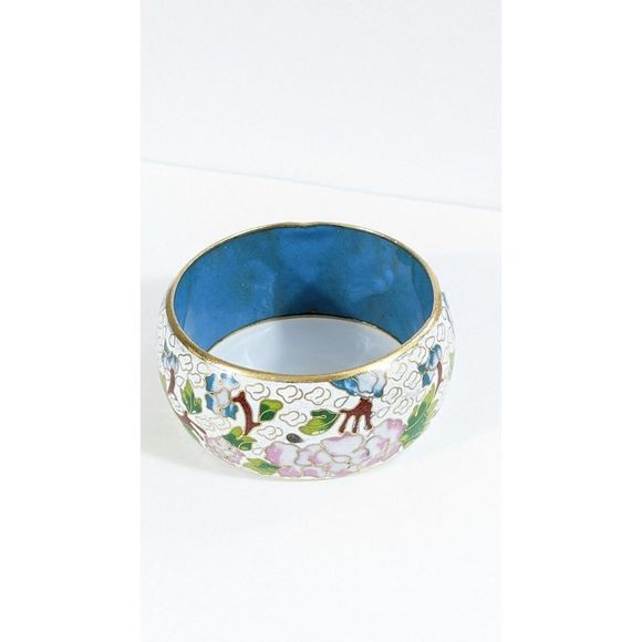 Large Wide Vintage Cloisonne Enamel Bangle Bracelet - Flowers Leaves Clouds - Picture 7 of 16